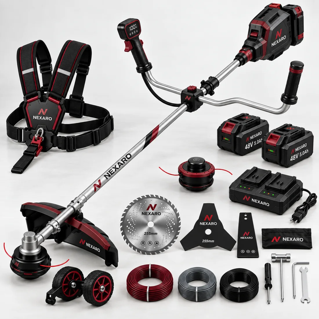NEXARO battery grass trimmer with two 48V batteries and the full blade kit